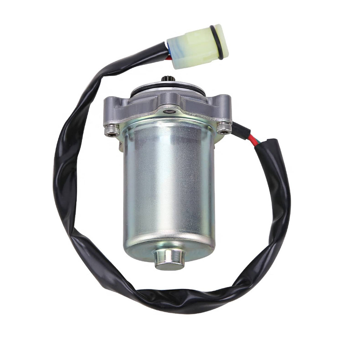 Power shift control motor with silver canister housing and black wire harness