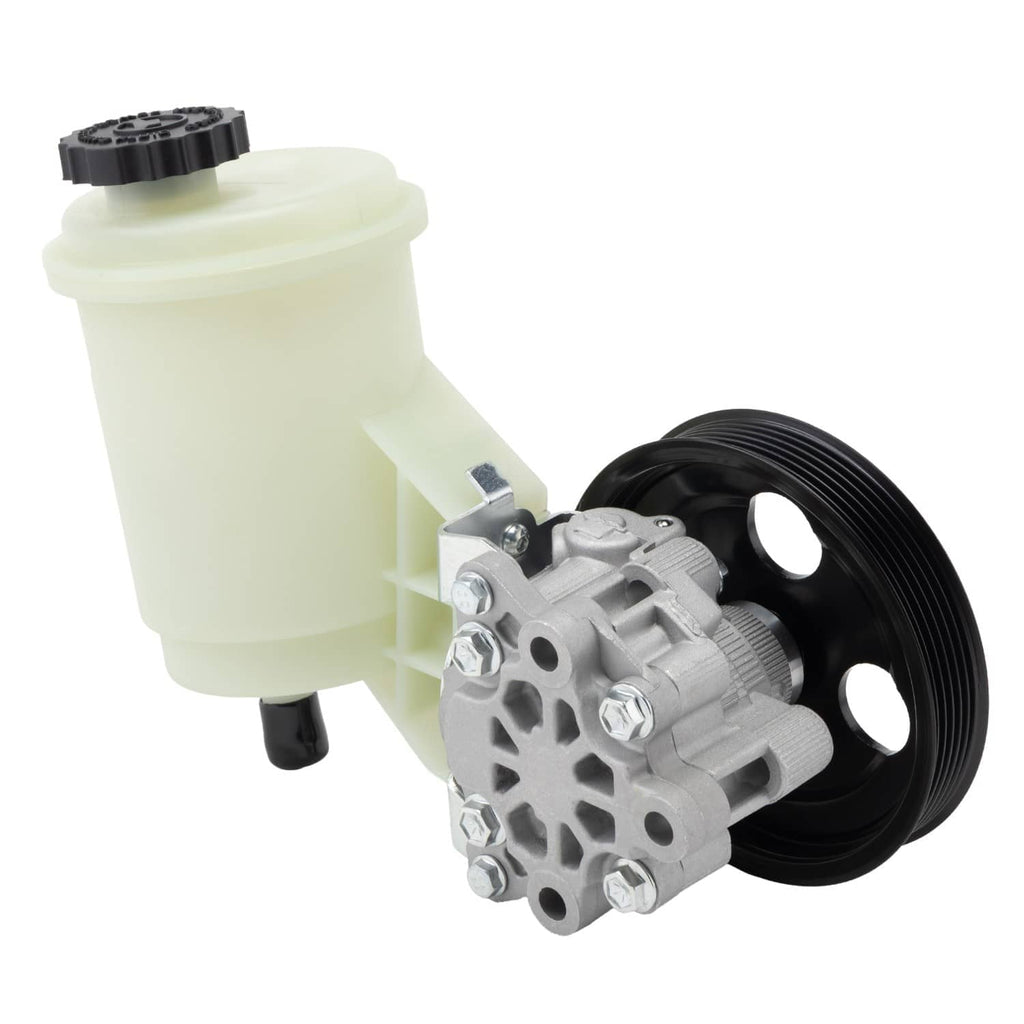 Power steering pump with pulley, light reservoir housing and black pulley wheel