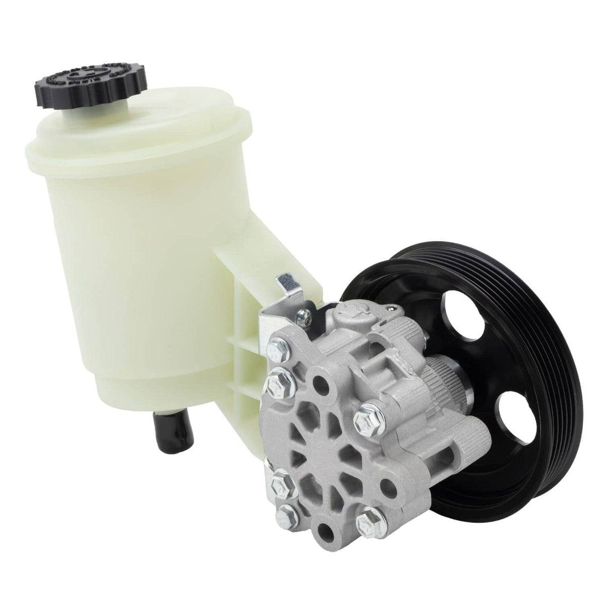 Power steering pump with pulley, light reservoir housing and black pulley wheel