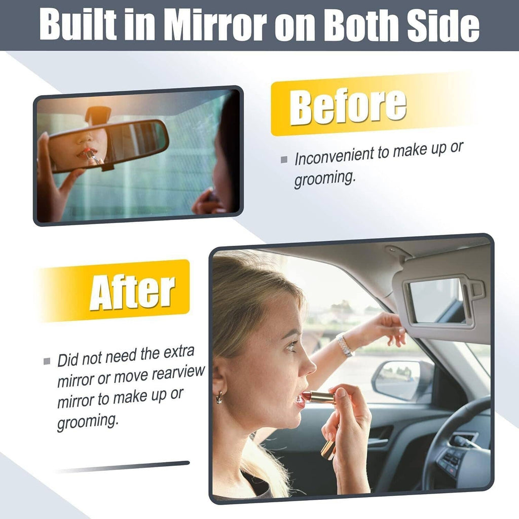 Gray sun visor with built-in mirror window on the car, shown during grooming