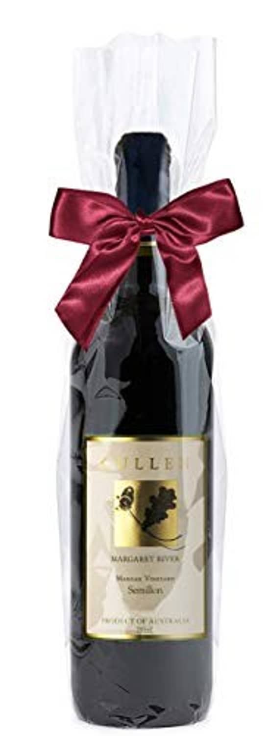 Clear cellophane bag over a wine bottle with burgundy satin ribbon bow