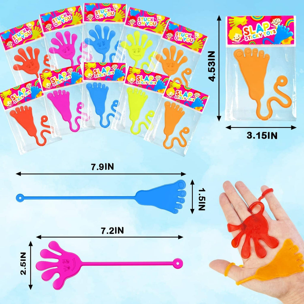 Single orange sticky hand toy with nearby hand size illustration