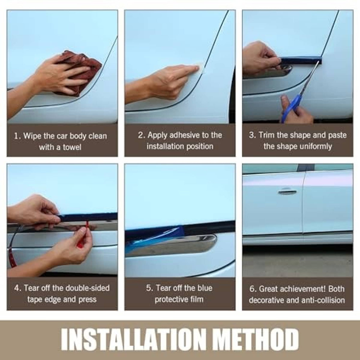 Hands applying adhesive-backed chrome car side molding trim to a vehicle