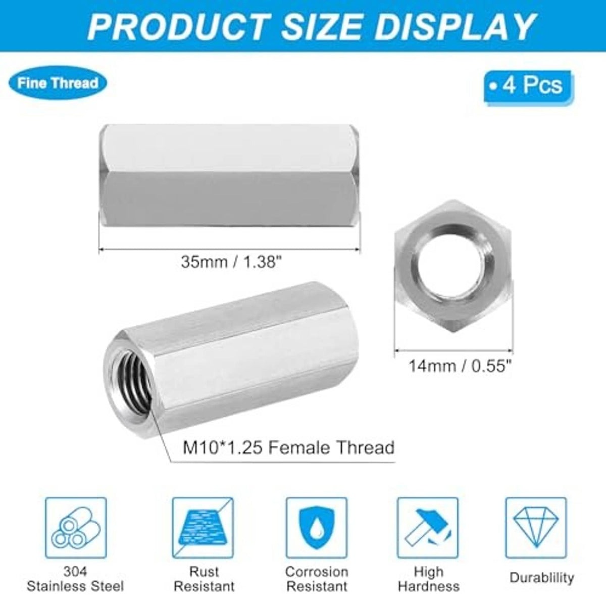 Stainless steel hex coupling nut with female thread, shown with size diagram
