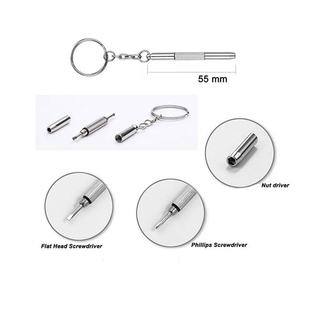 Eyeglass repair keychain tool set with flat and Phillips screwdrivers, 55 mm