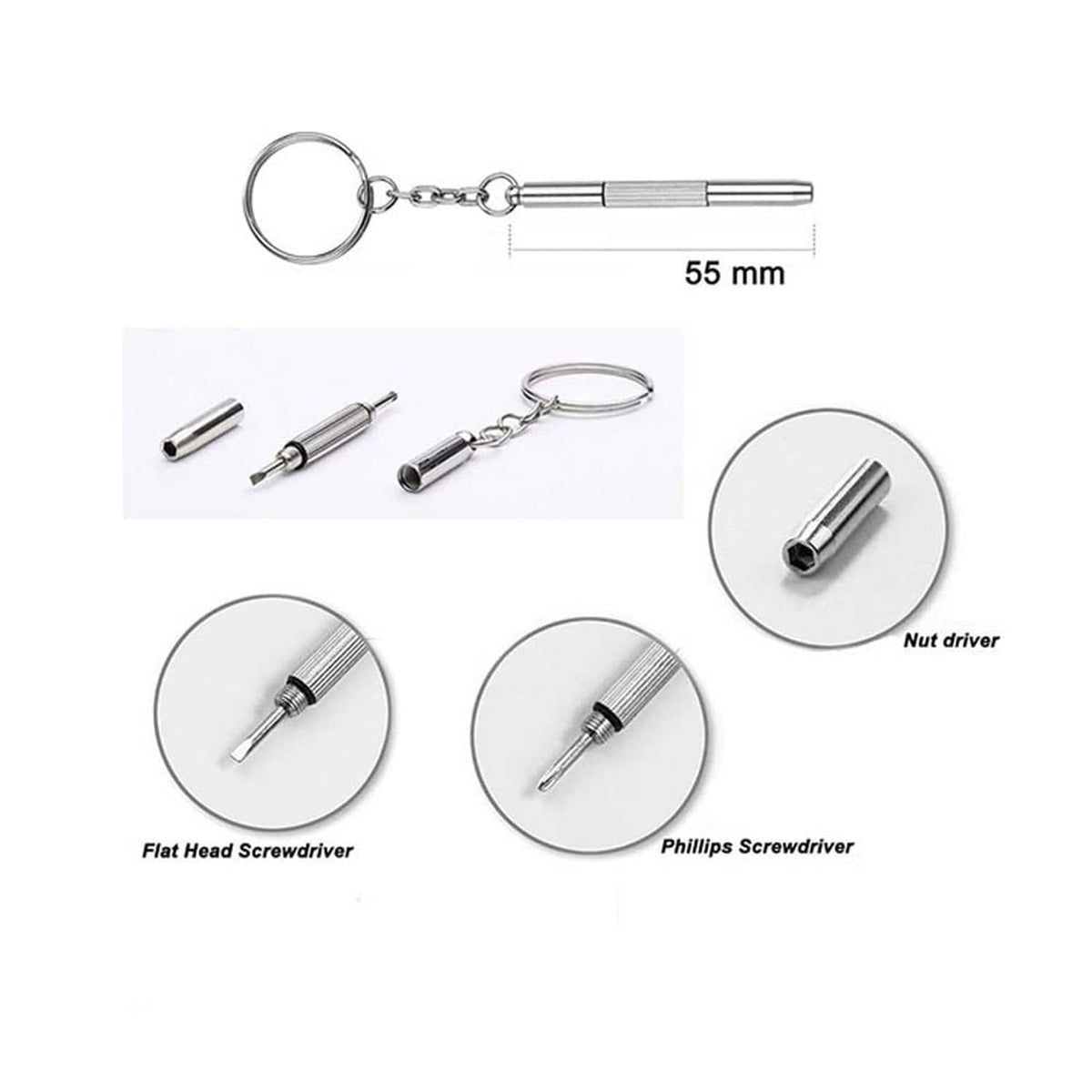Eyeglass repair keychain tool set with flat and Phillips screwdrivers, 55 mm