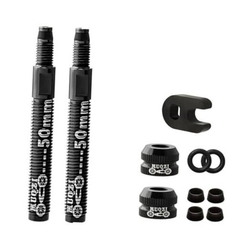 Tubeless bicycle valve extension set: long black stems with caps and O-rings