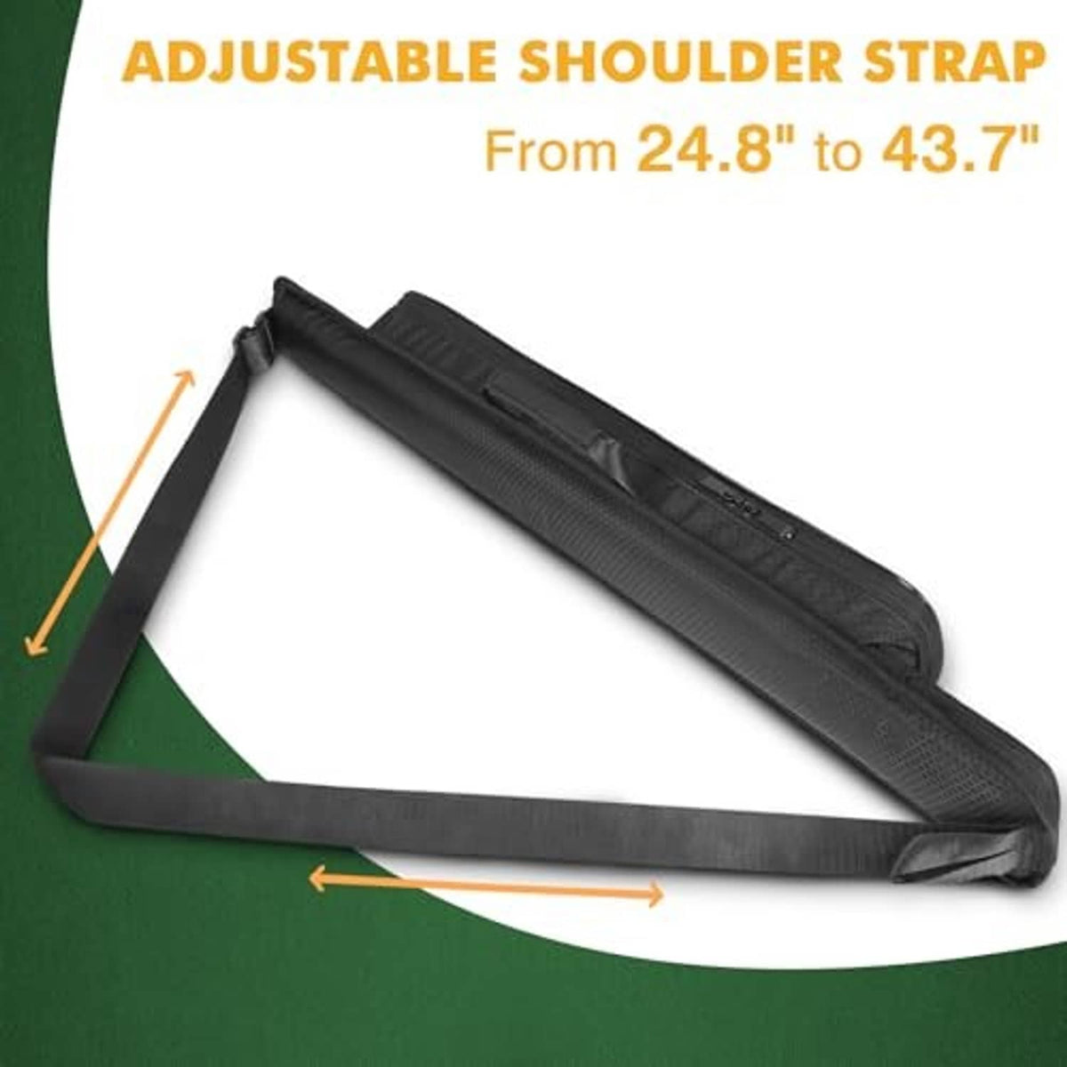 Black pool cue case with adjustable shoulder strap and zip closure, angled view.