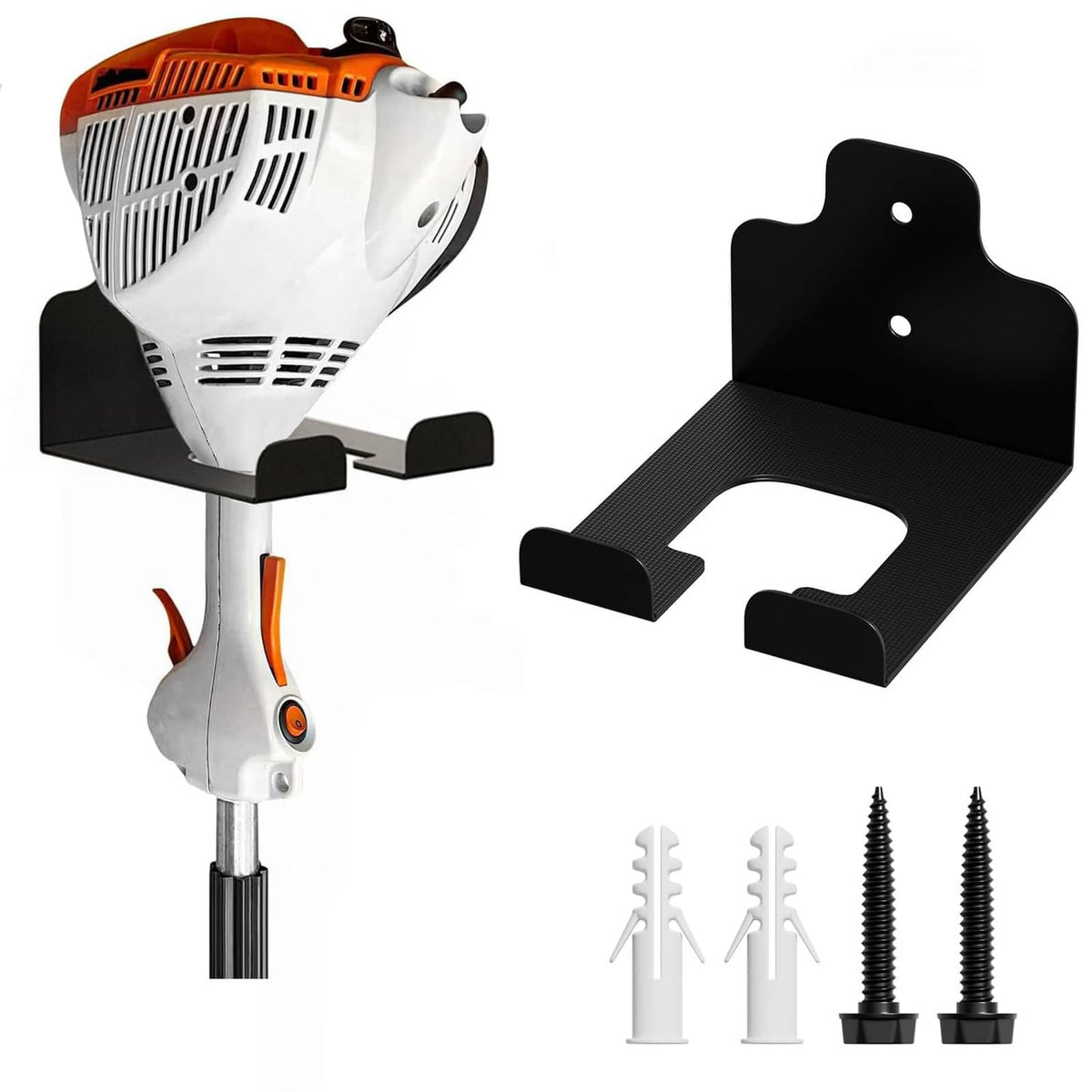 Black trimmer rack bracket with protective pad and mounting holes for screws