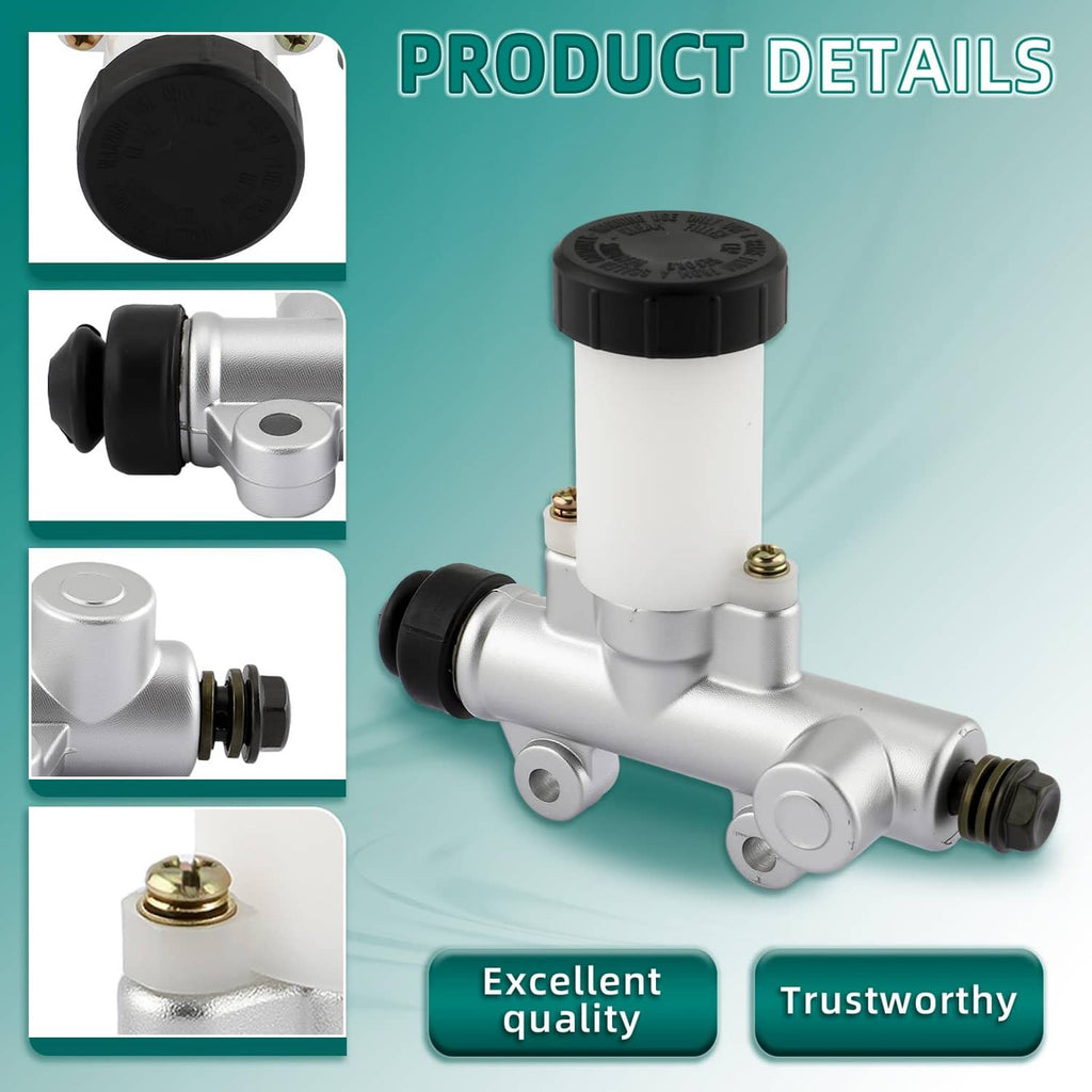 Silver go-kart brake master cylinder with black reservoir cap and visible connection ports