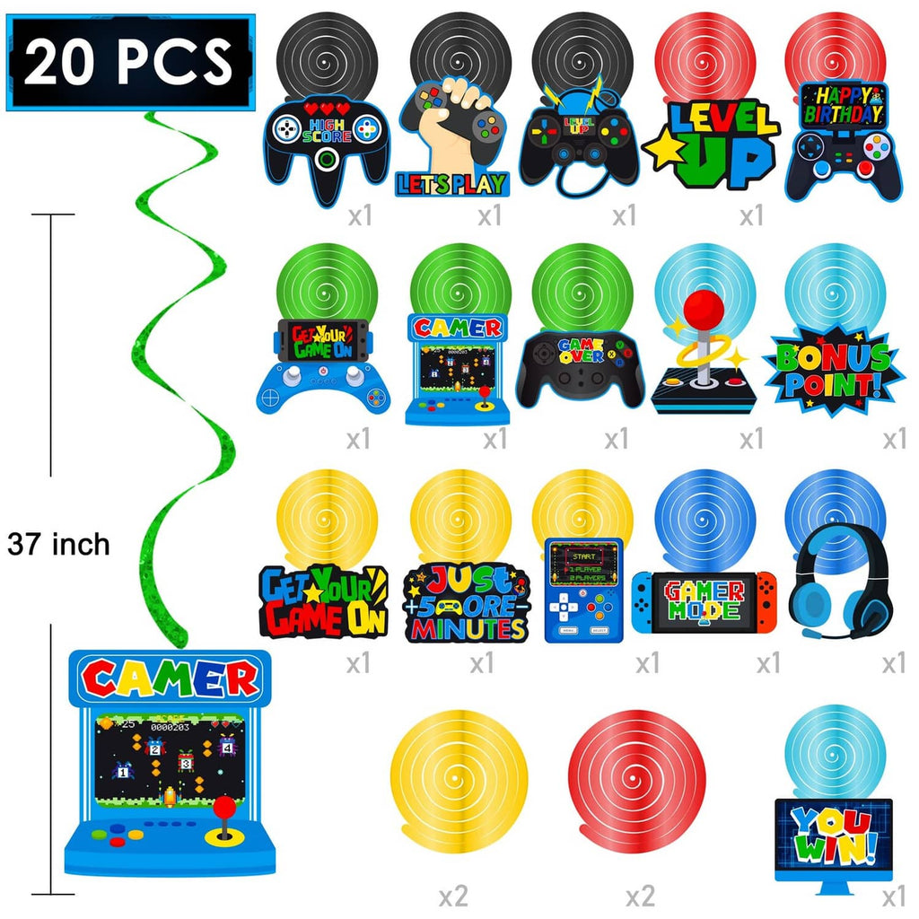 20-piece video game hanging swirl decoration set, blue and black controller and headset pieces