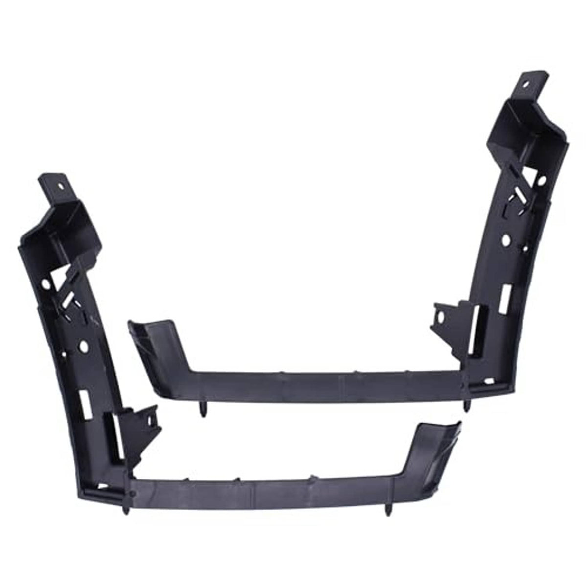 Front bumper bracket side cover reinforcement, dark metal with upright mounts and mounting holes