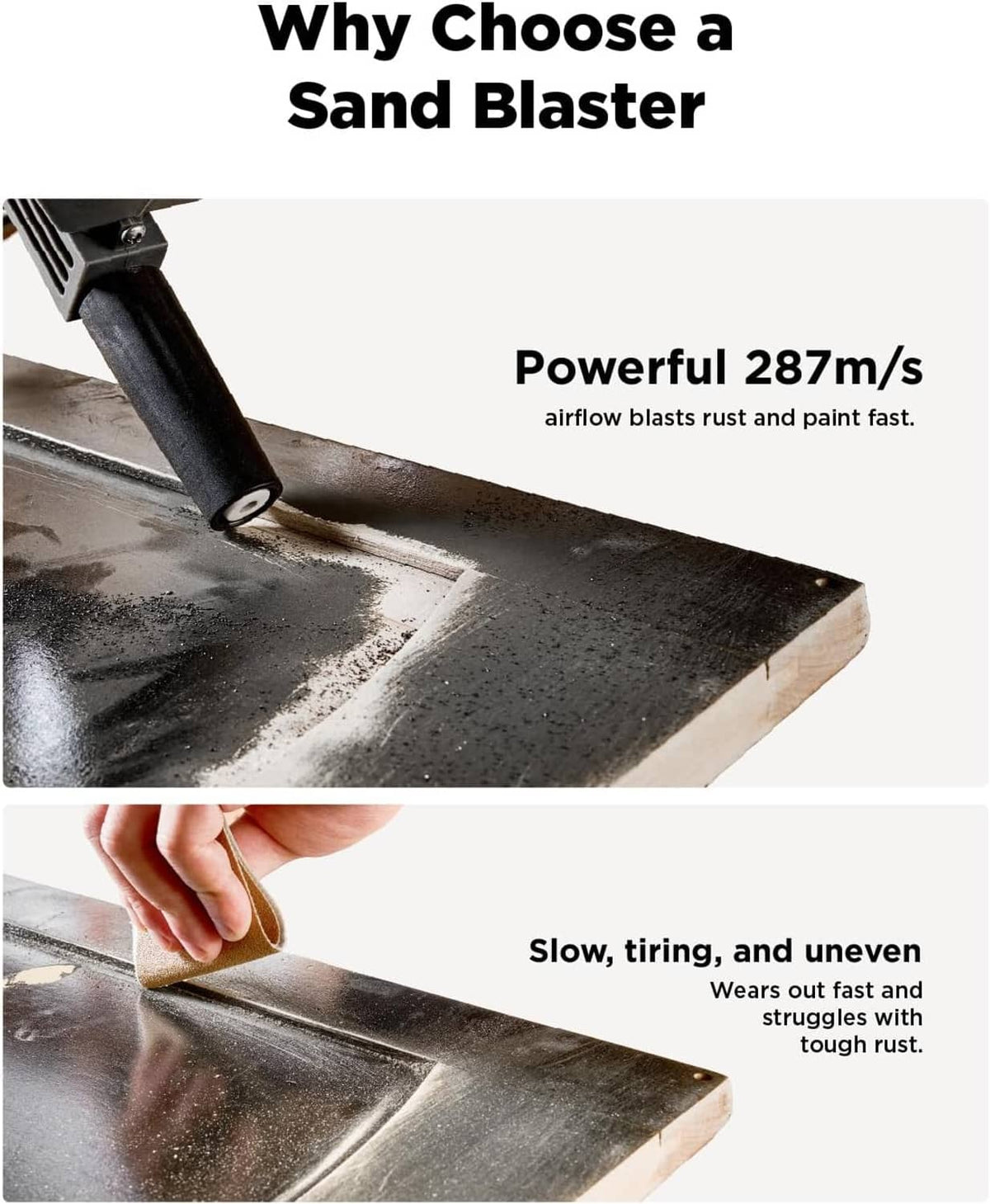 Air sand blaster nozzle blasting a metal surface, showing nozzle and extension tube