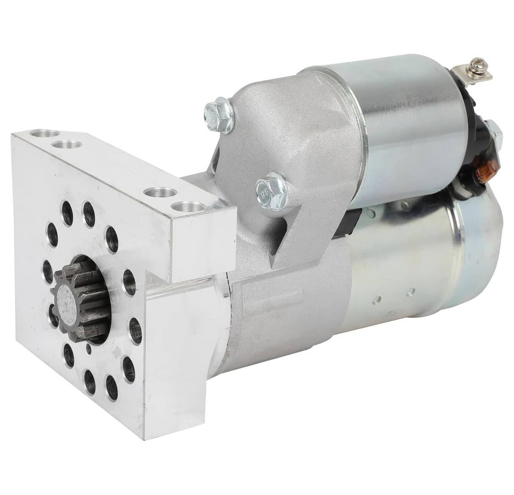 Starter motor with front gear drive housing and silver cylindrical body, bolt-mounted bracket