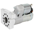 Starter motor with front gear drive housing and silver cylindrical body, bolt-mounted bracket