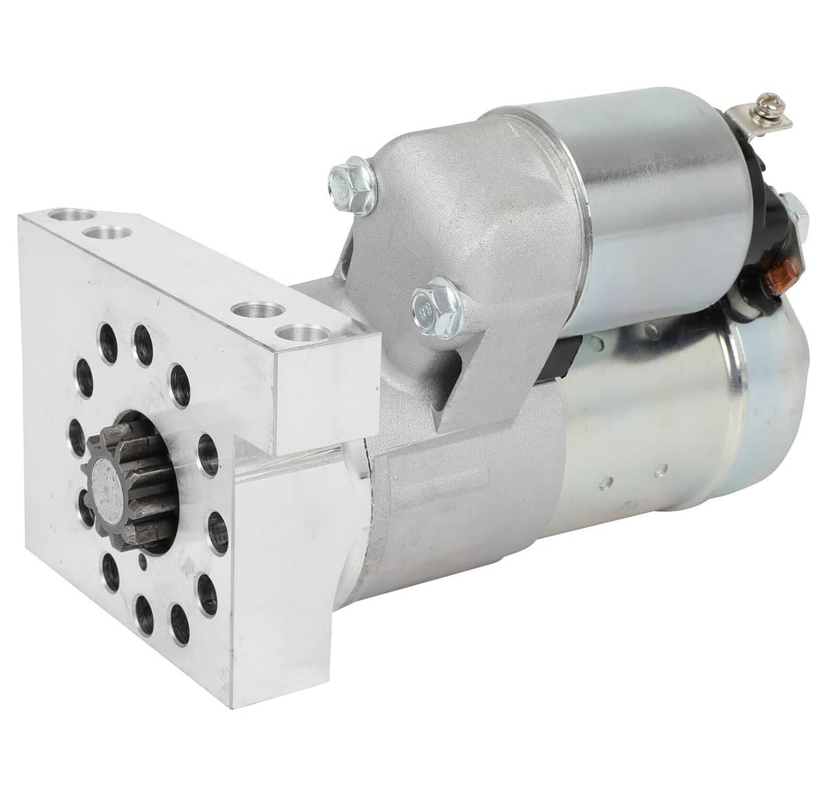 Starter motor with front gear drive housing and silver cylindrical body, bolt-mounted bracket