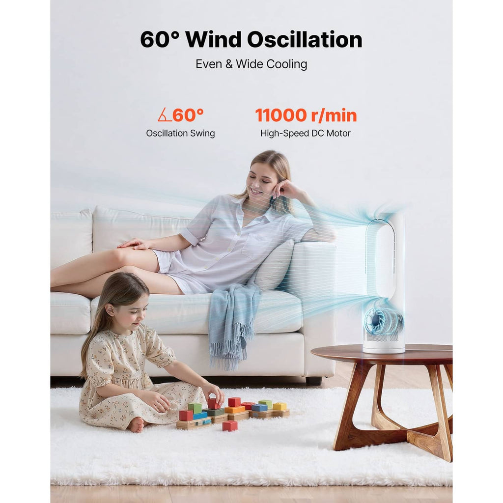White bladeless desk fan on the floor with airflow shown