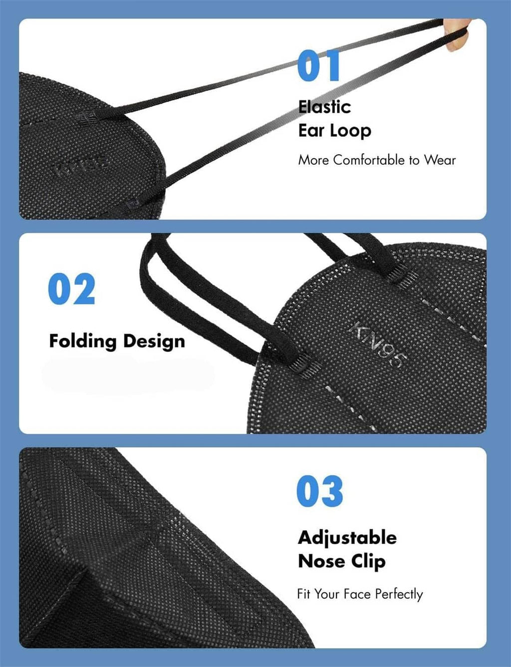 Black KN95 face mask showing elastic ear loop and folding design