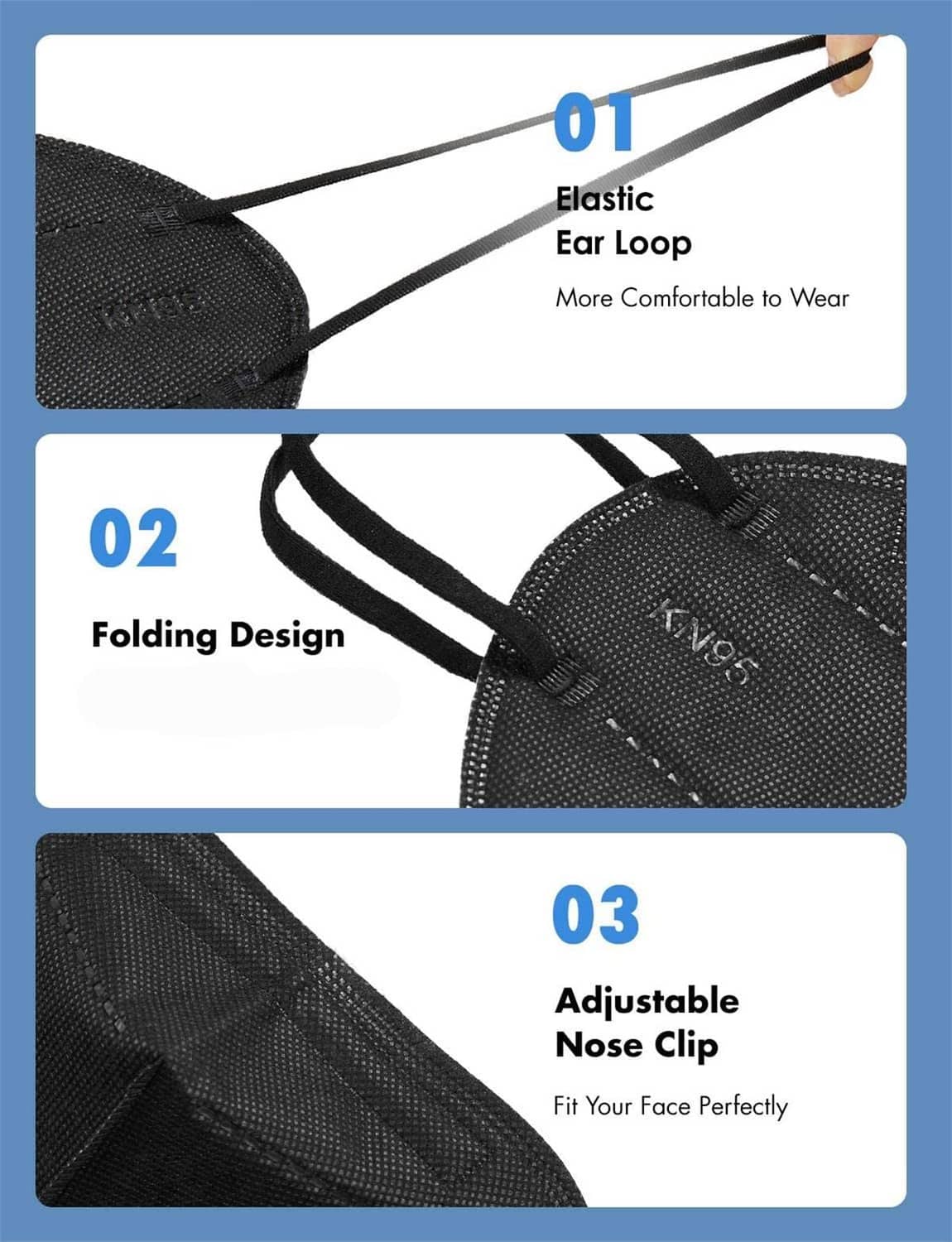 Black KN95 face mask showing elastic ear loop and folding design