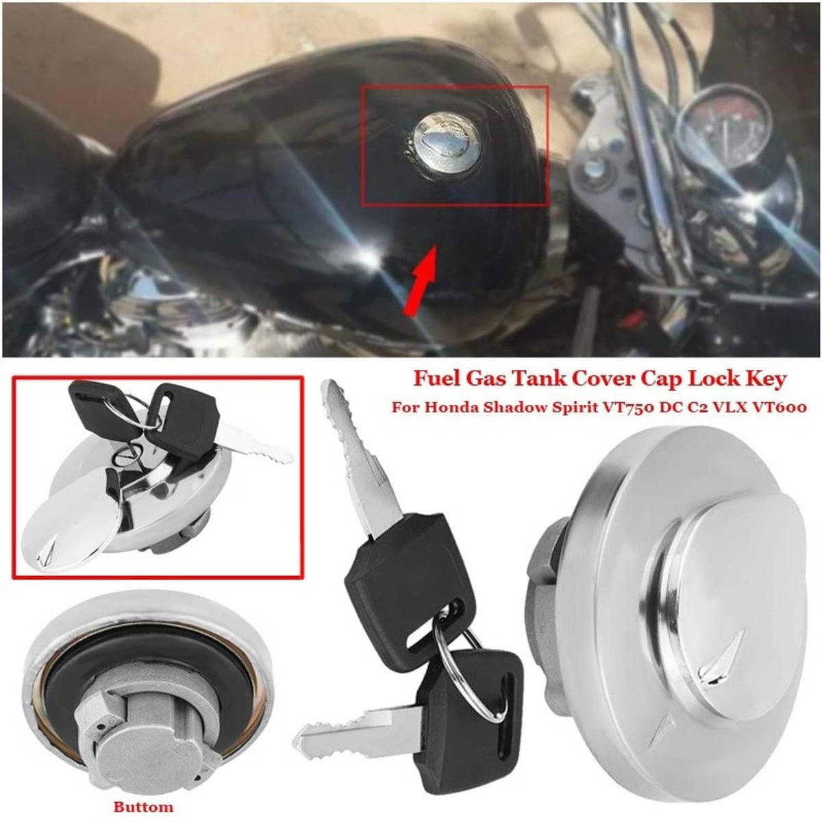 Fuel tank cap lock cover set with chrome cap and black keys