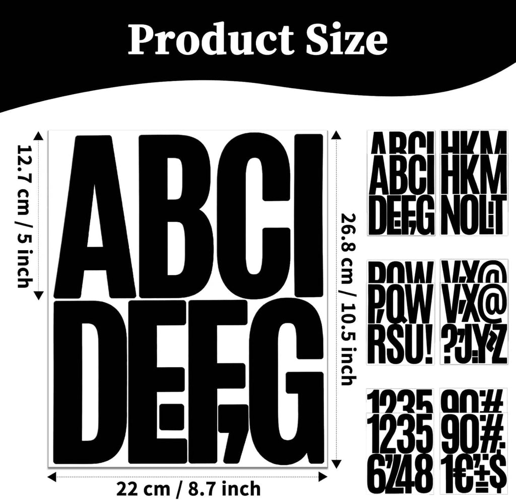 Black alphabet and number stickers on sheet, uppercase and digits layout