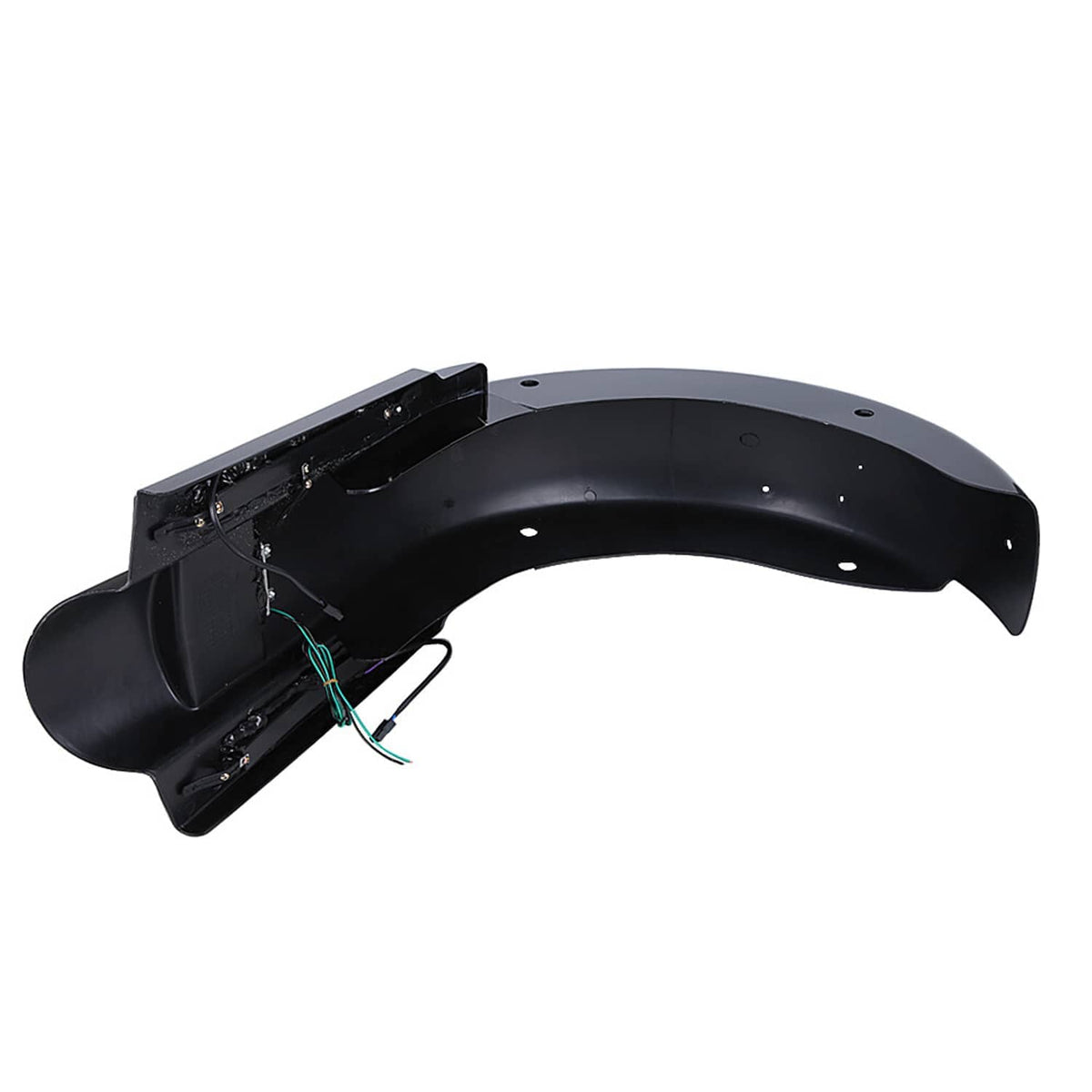 Underside of black LED rear fender with mounting holes and wiring pigtails