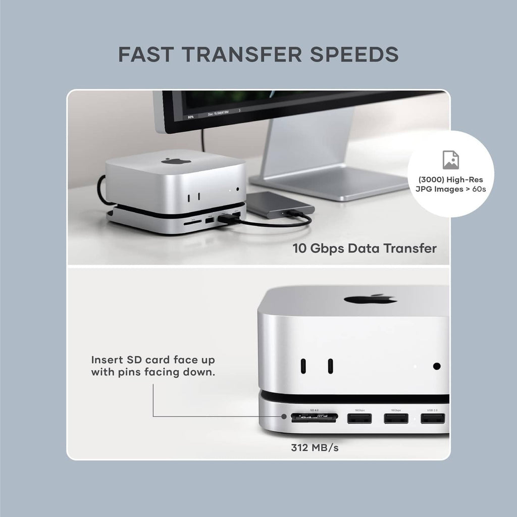 Silver docking hub with front ports and SD card slot for fast data transfer