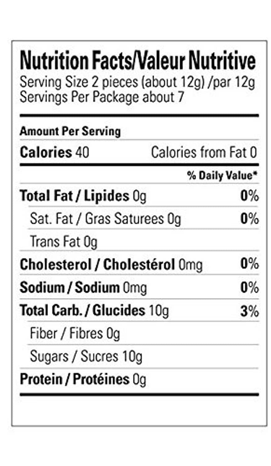 Nutrition facts label for chewy ginger candy, servings per package about 7