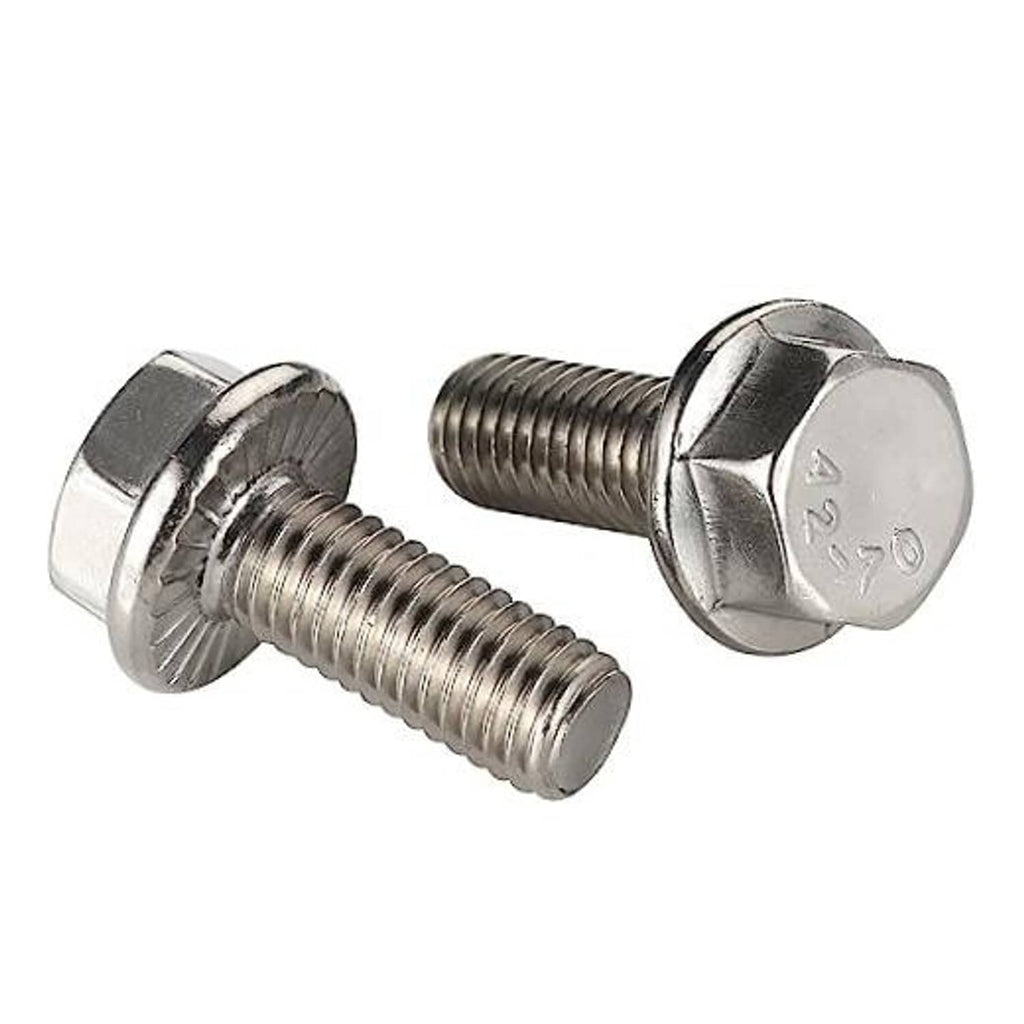 Silver flanged hex head bolt with 1/4-20 threads, 3/4 in length