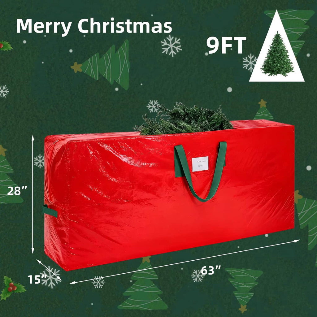 Large red Christmas tree storage bag for up to 9 ft tree with green handles