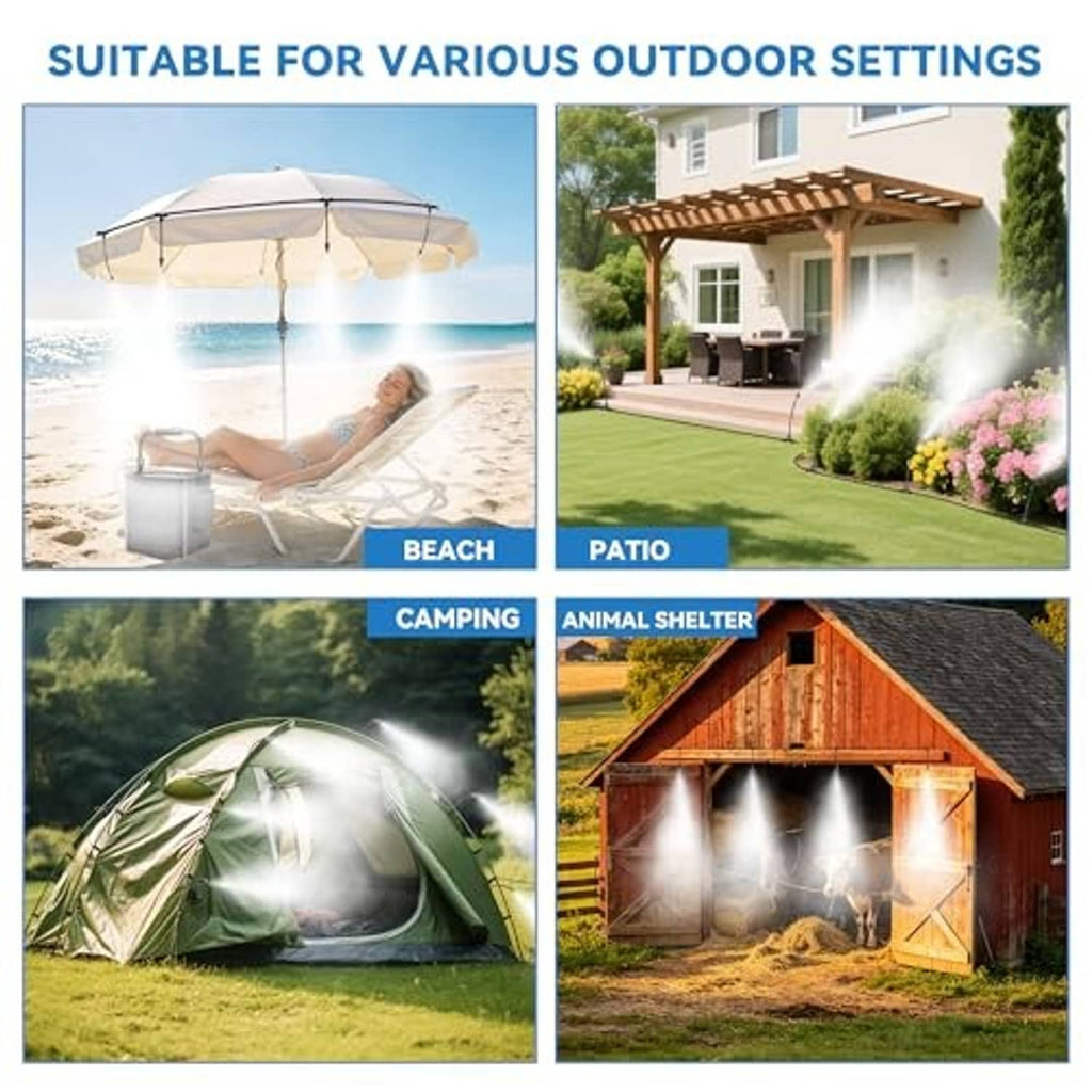 Outdoor misting spray from overhead nozzles for beach, patio, camping, and garden use