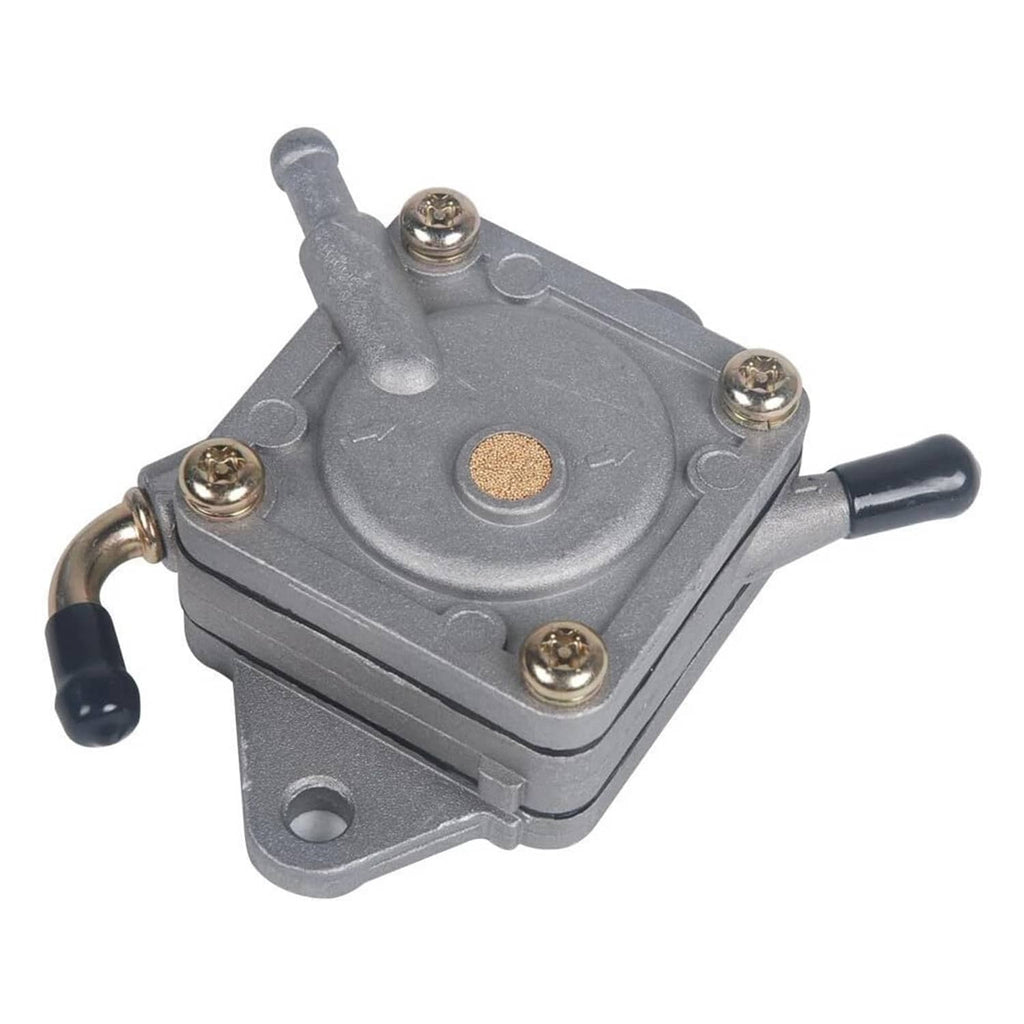 Fuel pump for gas golf cart, gray metal housing with inlet hoses and mounting screws