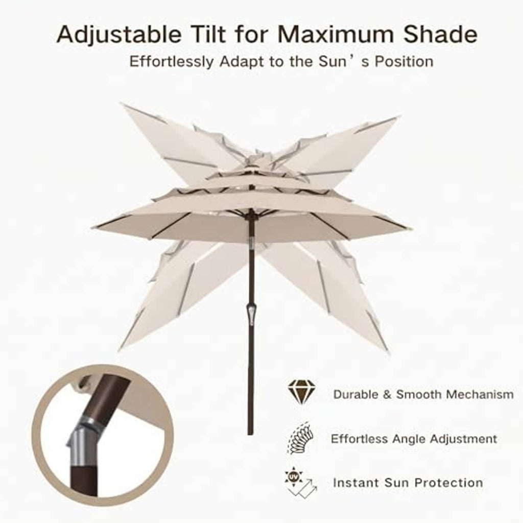 Beige 3-tier patio umbrella with adjustable tilt center pole