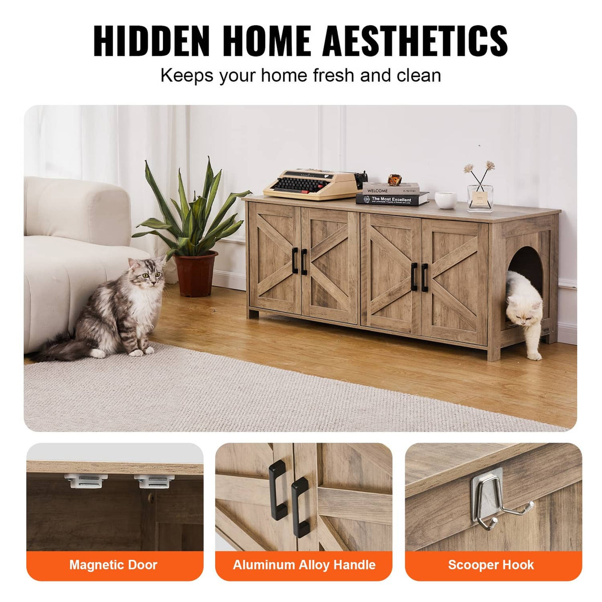 Greige wooden cat litter box enclosure with side entry, black handles, and double doors