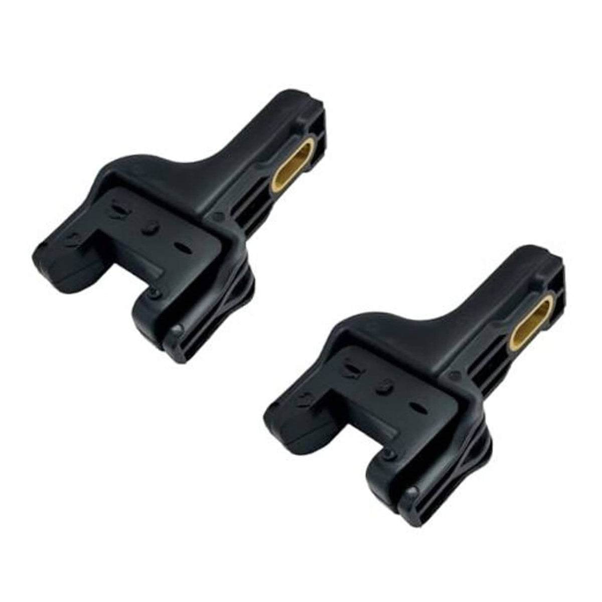 2-pack upper radiator bracket insulator clips, black plastic with gold/yellow connector openings