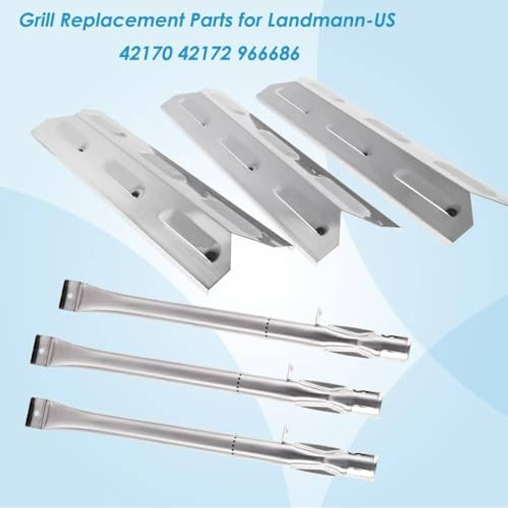 Grill replacement parts kit with four white heat plates and two stainless burners