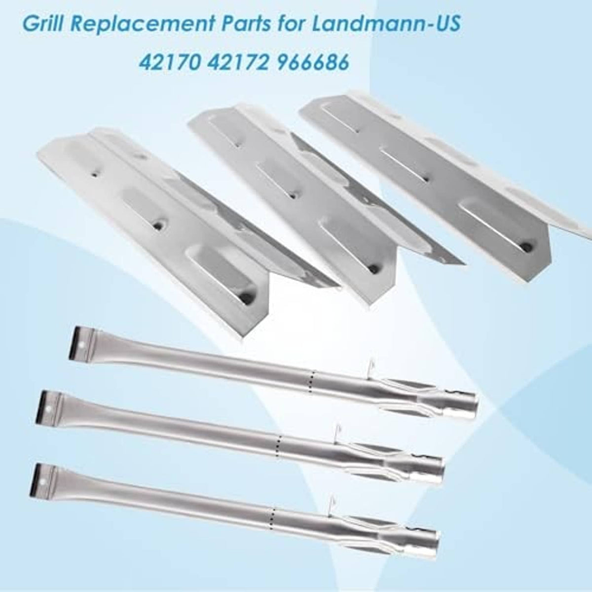 Grill replacement parts kit with four white heat plates and two stainless burners