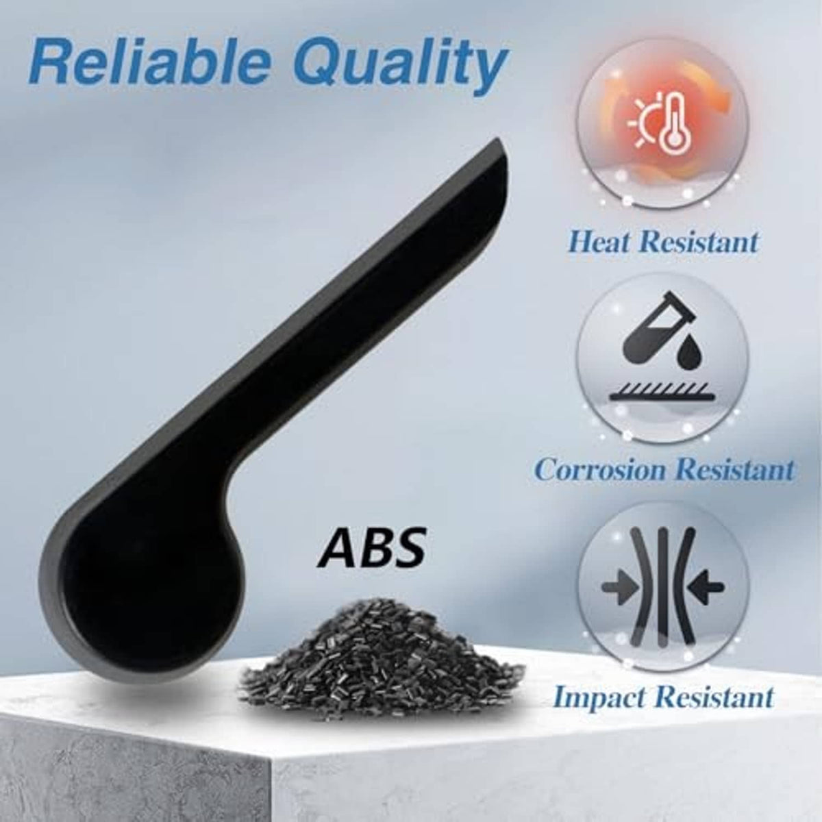 Black seat recliner handle lever with curved end, plus feature icons for ABS and impact