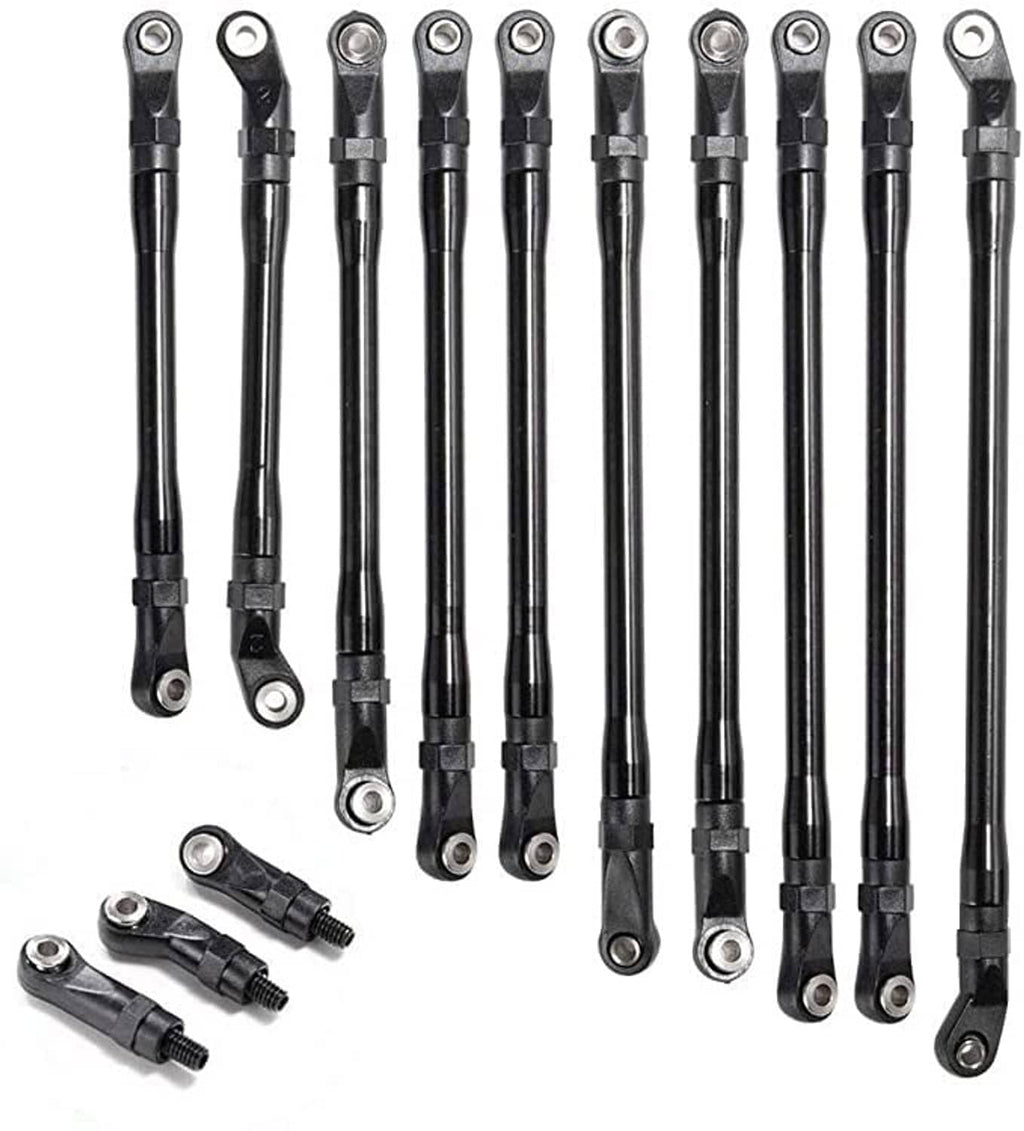 Set of black metal rod linkages with silver eyelet ends for RC suspension