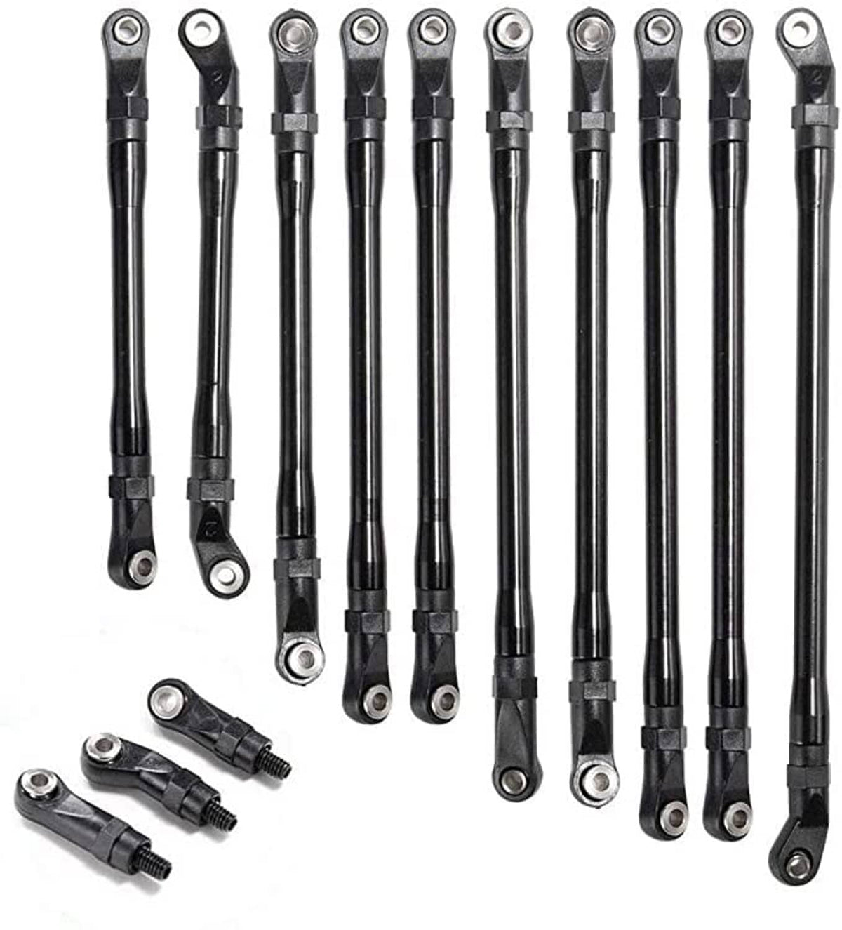 Set of black metal rod linkages with silver eyelet ends for RC suspension