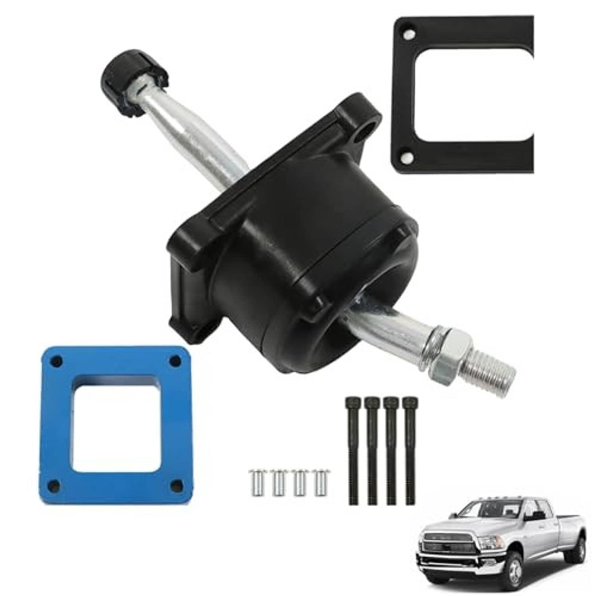 Manual short throw shifter assembly, black housing with silver rod, blue plate and mounting bolts