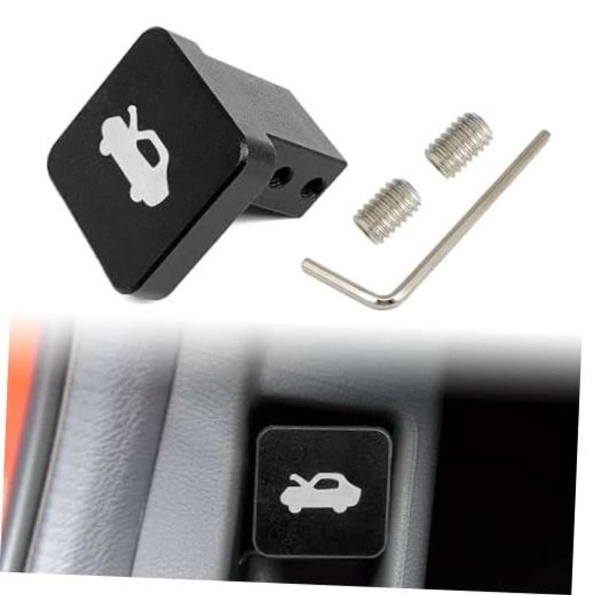 Black hood latch release handle with wrench icon, plus mounting screws and hex key.