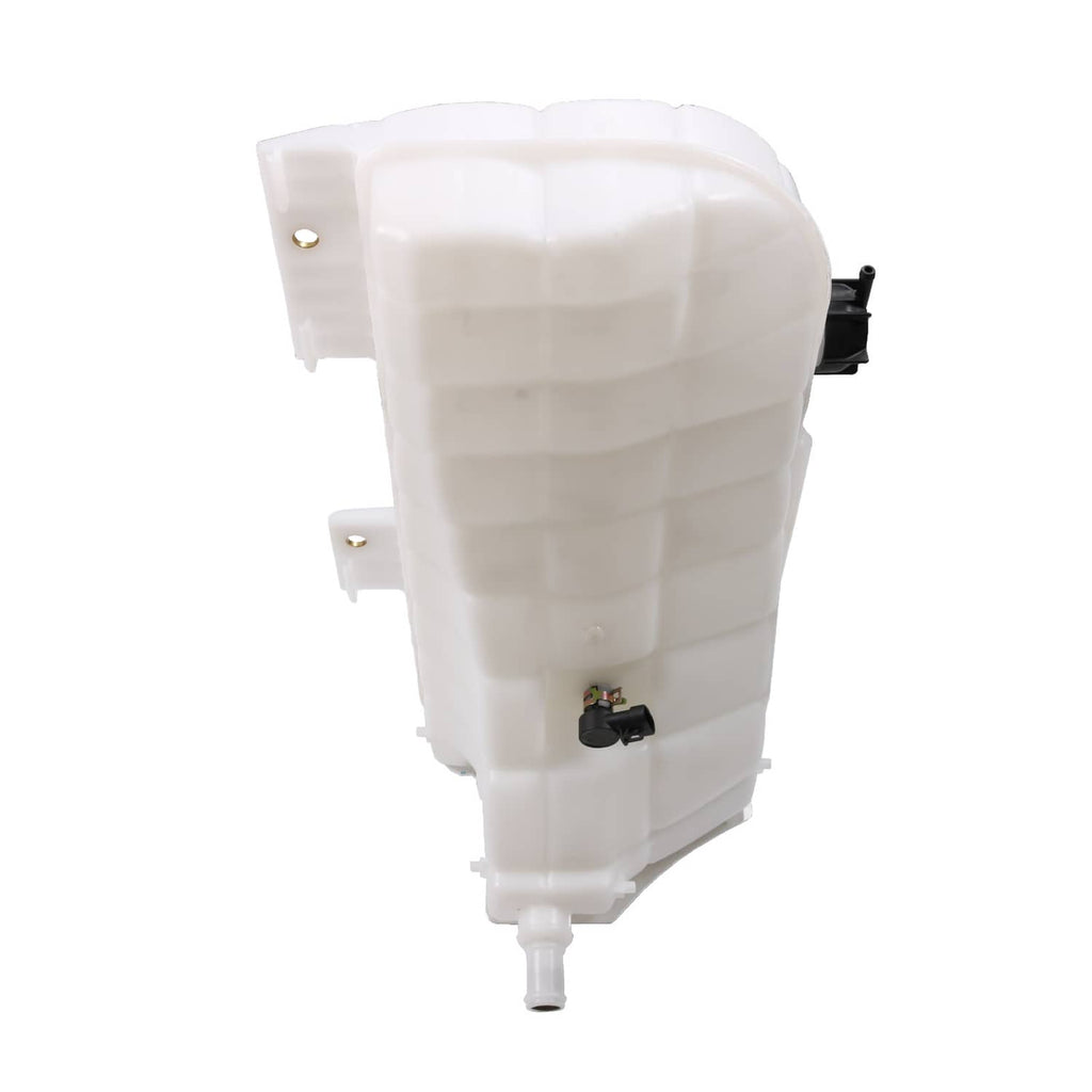 Coolant recovery reservoir tank bottle with intake outlet and mounting holes, white plastic