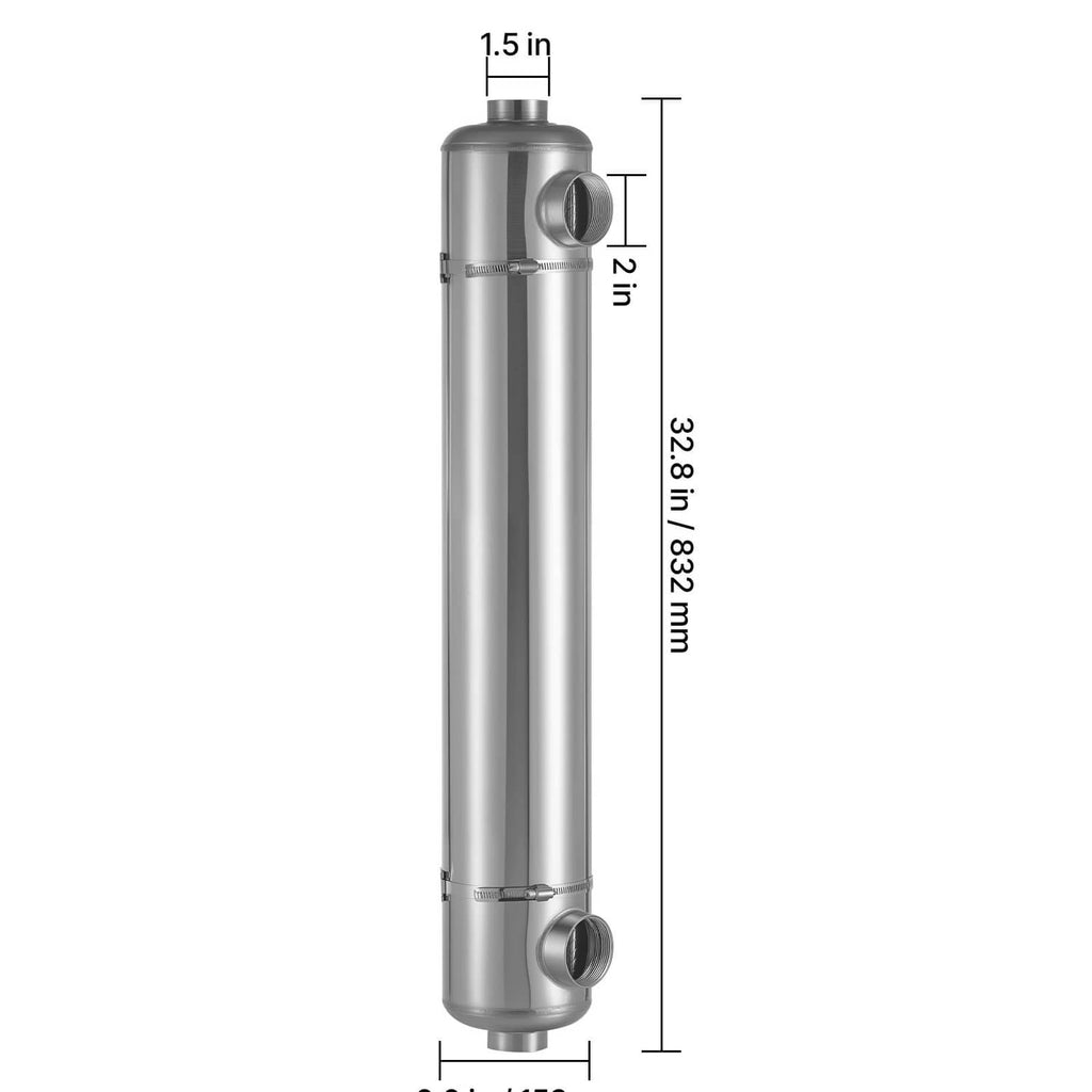 Stainless steel pool heat exchanger with two end ports, vertical cylinder