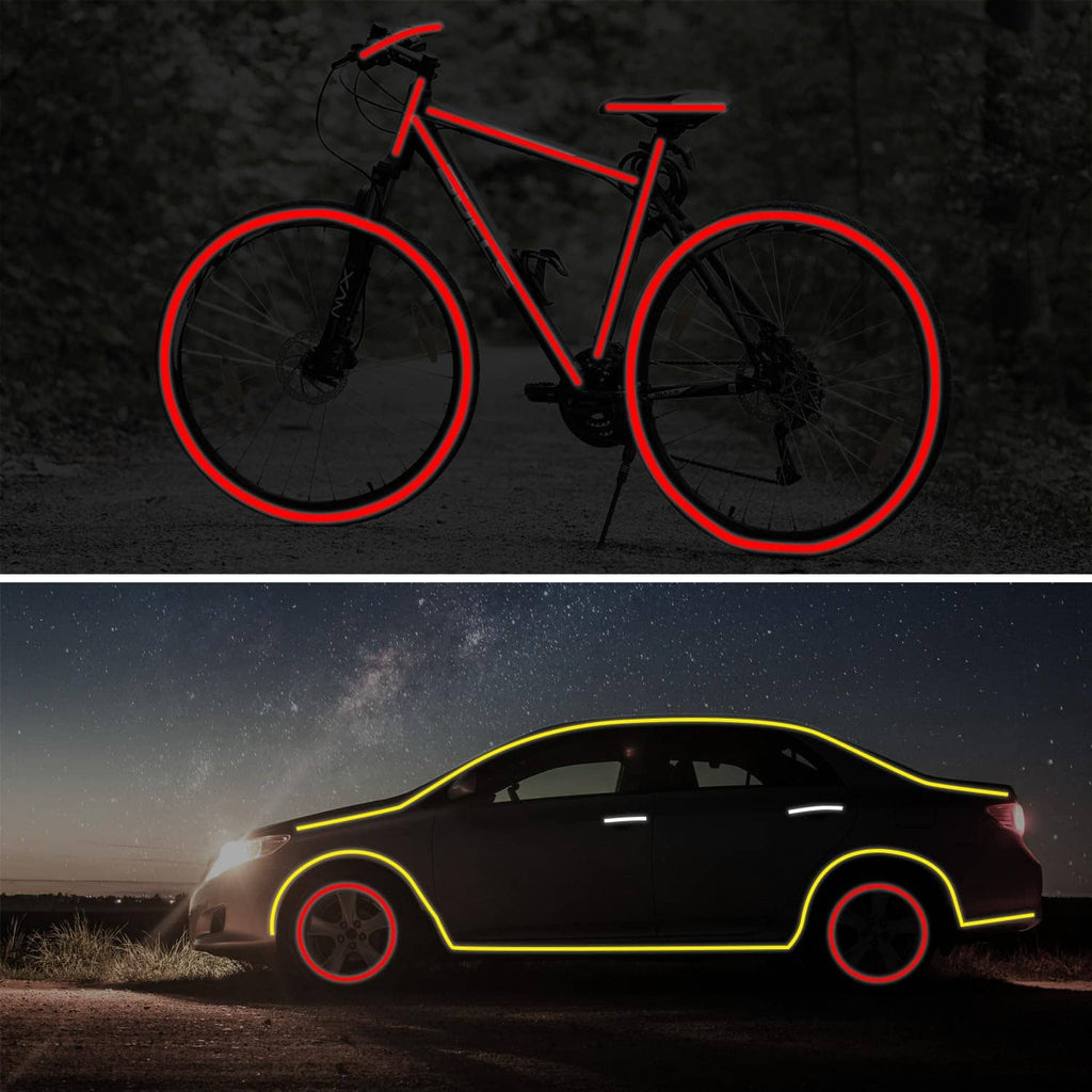 Reflective tape outlines on bicycle and car, red and yellow neon lines