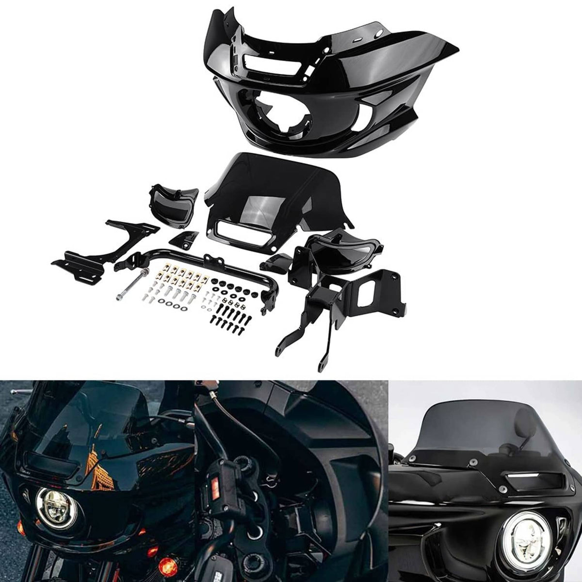 Black headlight fairing and windshield support bracket set with mounting hardware