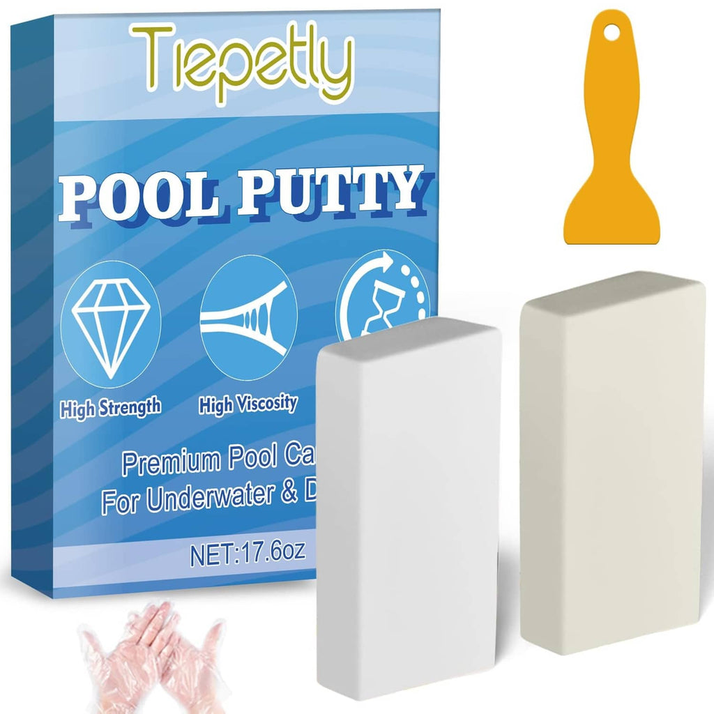 Two-part pool epoxy putty kit box with two white blocks and yellow mixing spatula