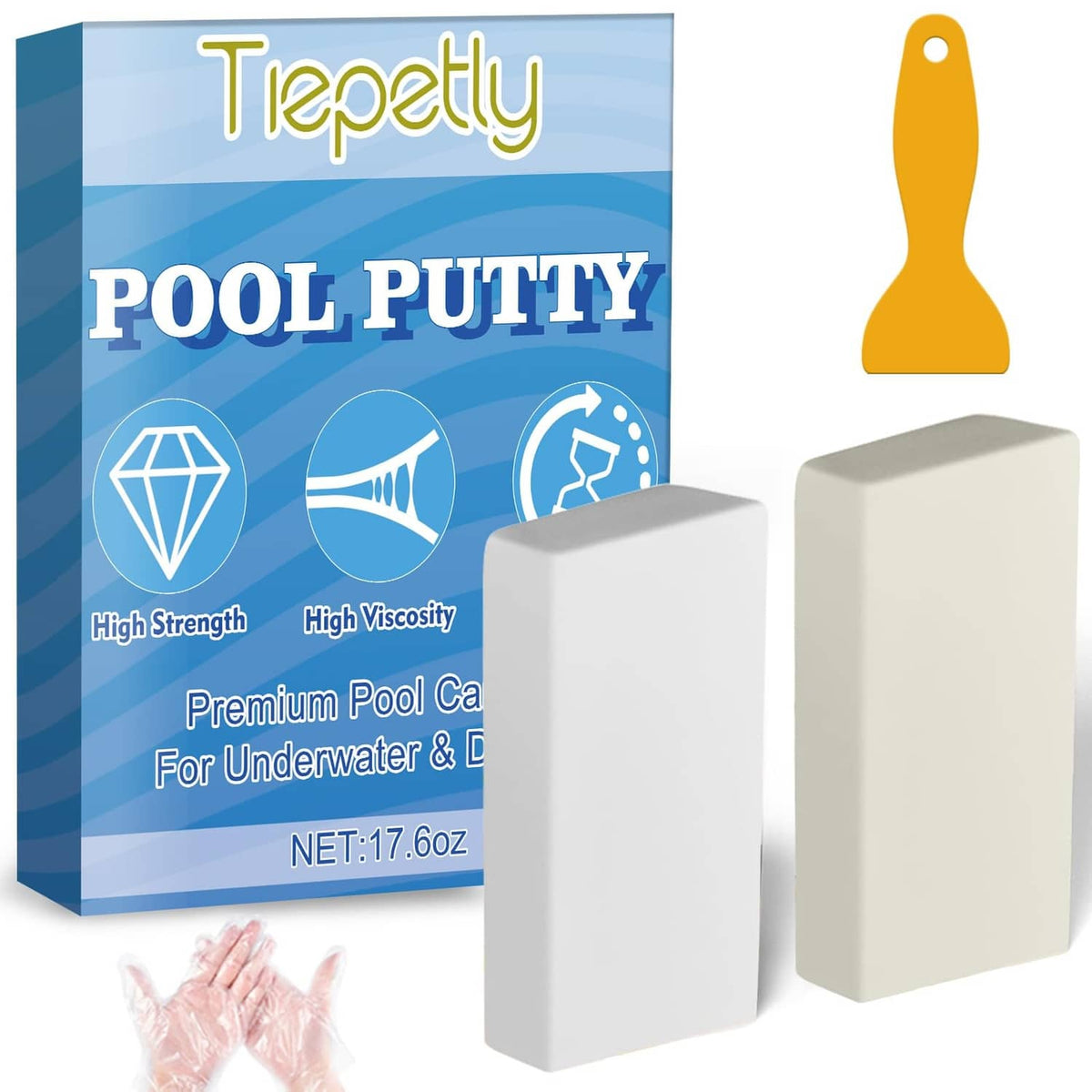 Two-part pool epoxy putty kit box with two white blocks and yellow mixing spatula