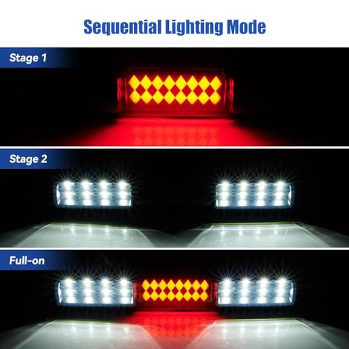 Third brake light LED bar with alternating white LEDs and bright red center brake glow