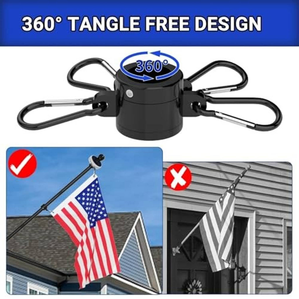 Black 360° tangle-free flag pole top with rotating ring and four support hooks